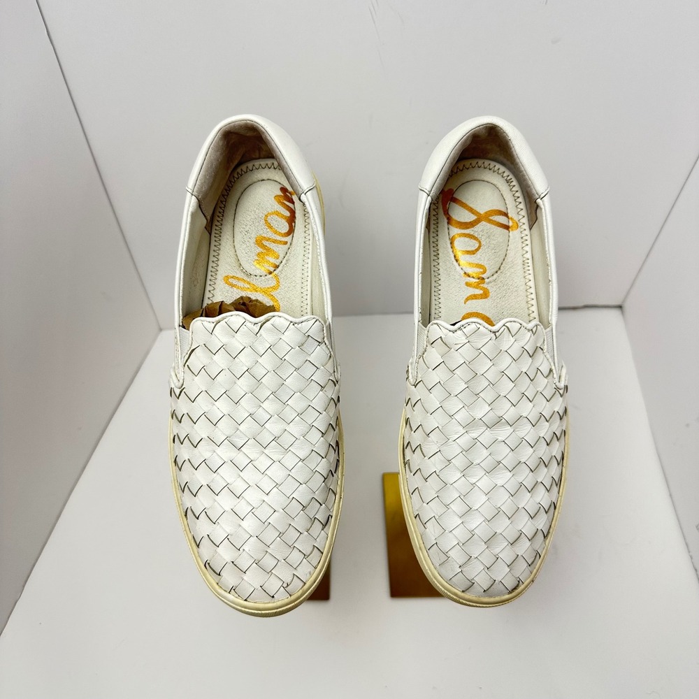 Sam Edelman Woven Leather Slip On Sneakers White Low Top Flats Shoes